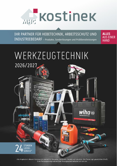 Deckblatt vom Katalog "Werkzeugtechnik 2026/2027" der Firma Kostinek mit Verlinkung zur blätterbaren Version des Katalogs